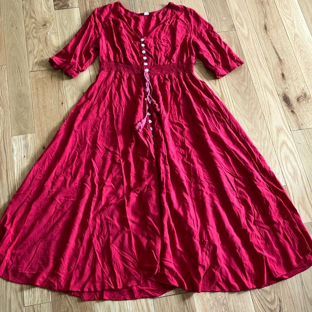 Red V-neck Smocked waist button down Sundress